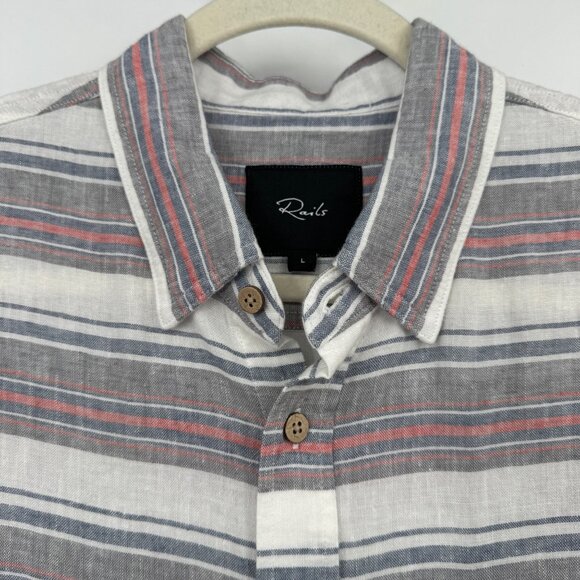 Rails Shirt Mens Large Gray Red Blue Stripes Button Up Camp Casual Linen Rayon - Picture 4 of 13
